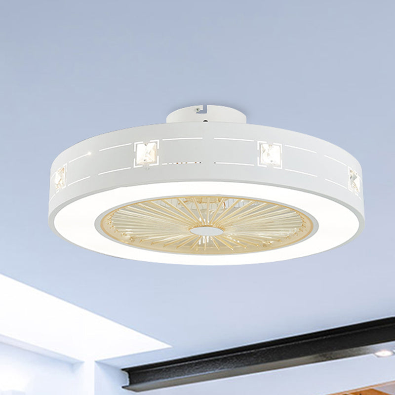 LED Drum/Box Fan Light Minimalist Carved Crystal Invisible Blade Ceiling Flush Lamp in White