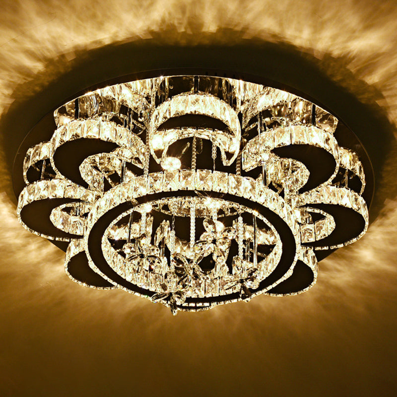 Luxueuse lampe de plafond de fleurs contemporaines Crystal salon LED Semi Flush Light en acier inoxydable