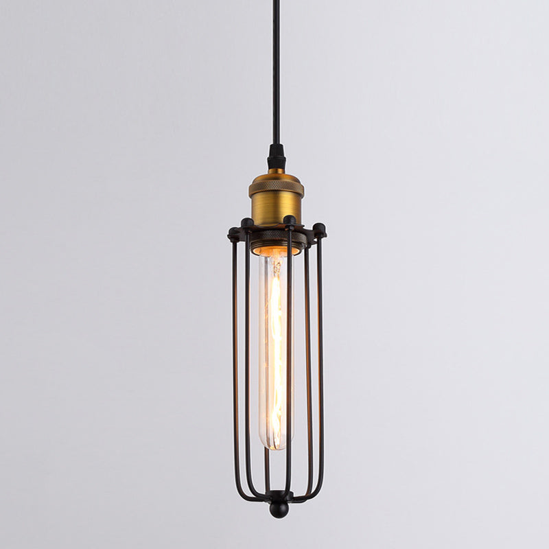 Vintage Industrial Cylindrical Wire Cage Pendant Light Black Metal Suspension Light  for Living Room