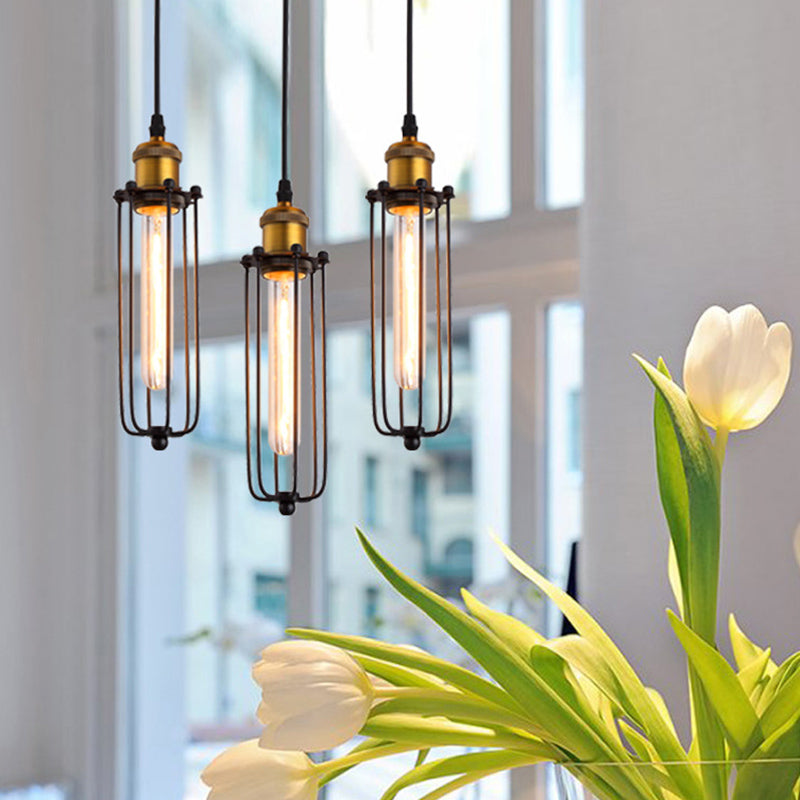 Vintage Industrial Zylindrische Drahtkäfigkäfig Anhänger Licht Black Metall Suspension Licht für Wohnzimmer