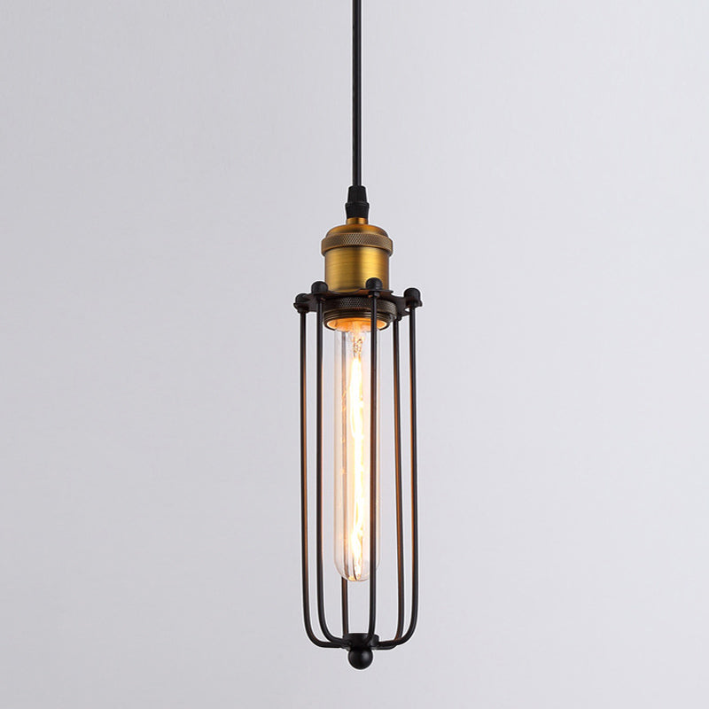 Vintage Industrial Cylindrical Wire Cage Pendant Light Black Metal Suspension Light  for Living Room