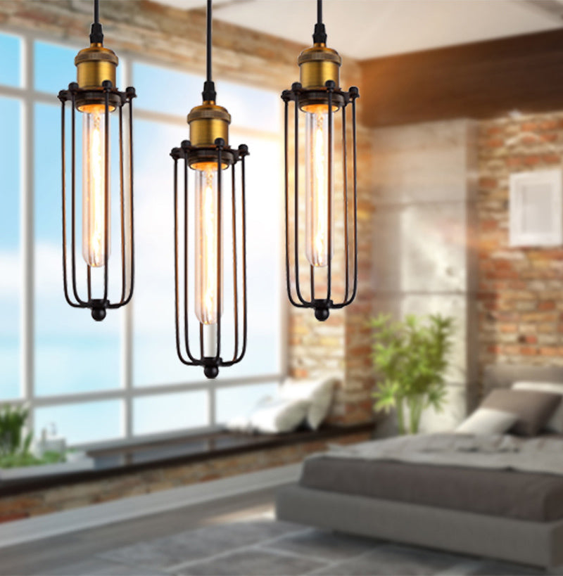 Vintage Industrial Cylindrical Wire Cage Pendant Light Black Metal Suspension Light  for Living Room