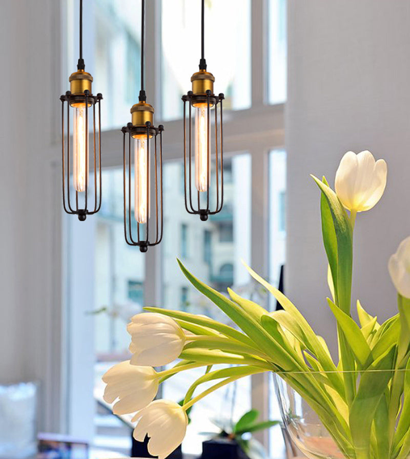 Vintage Industrial Zylindrische Drahtkäfigkäfig Anhänger Licht Black Metall Suspension Licht für Wohnzimmer