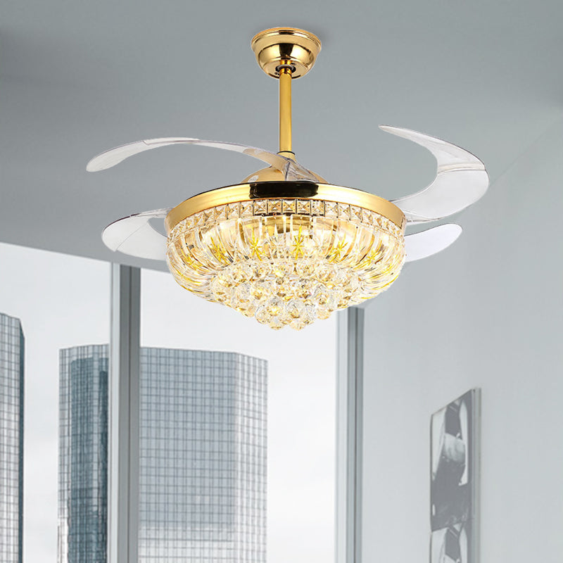 Cut Crystal Conical LED Ceiling Mount Fan Modern Stylish Golden Semi Flush Light with Remote Control/Wall Control/Frequency Conversion