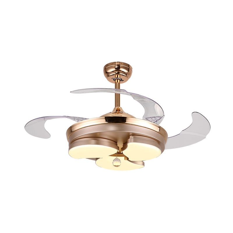 3/6 Leaf LED Ceiling Cooler Fan Modern Style Metal Rose Gold Semi Flush Mount Lamp with Crystal Drop, Frequency Conversion/Remote Control/Wall Control