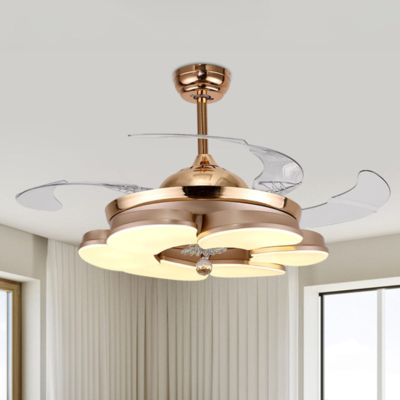 3/6 Leaf LED Ceiling Cooler Fan Modern Style Metal Rose Gold Semi Flush Mount Lamp with Crystal Drop, Frequency Conversion/Remote Control/Wall Control