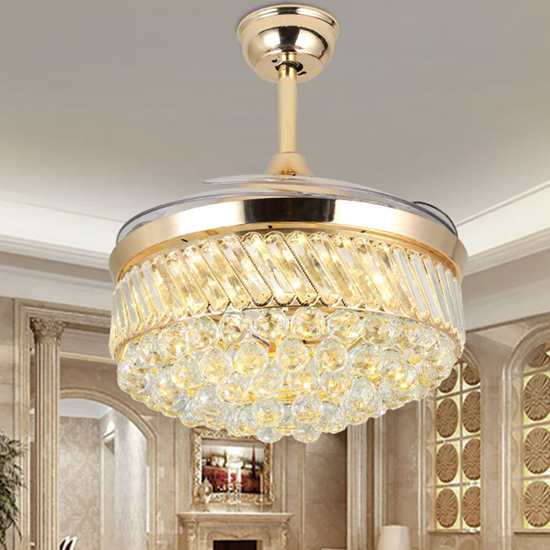 Gold Barrel Hanging Lamp with Fan Modern LED Crystal Orb Ceiling Lighting in Color-Changing/White Light, Wall Control/Remote Control/Frequency Conversion