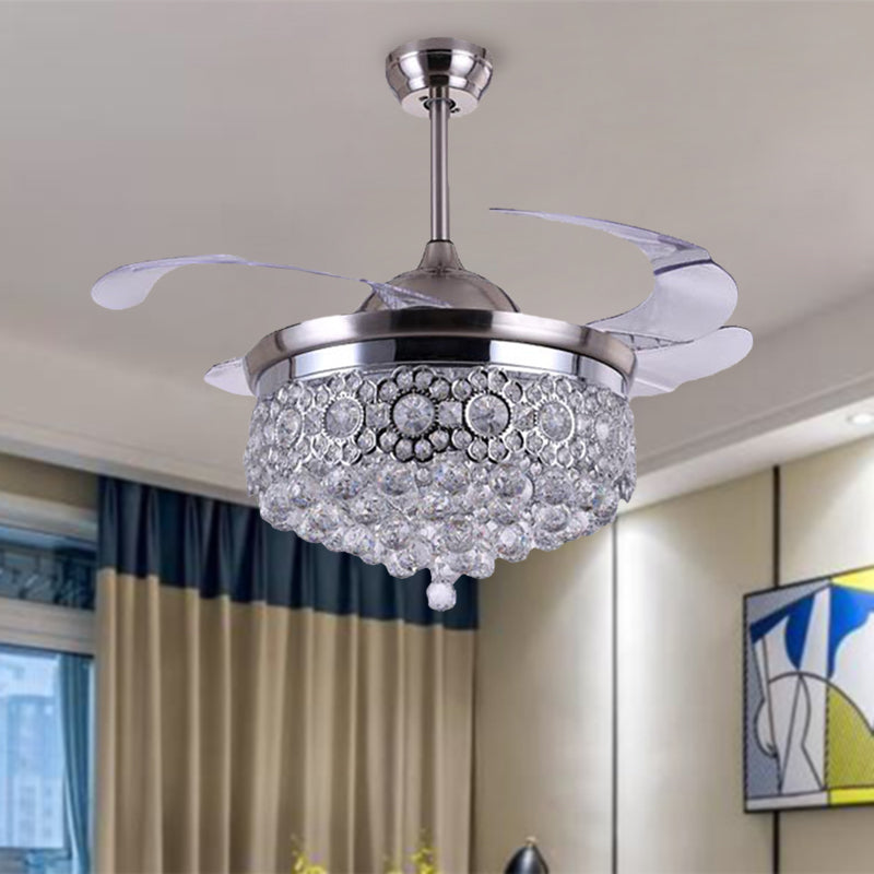 Clear Crystal Ball LED Ceiling Lamp Modern Remote Control/Wall Control/Frequency Convertible Indoor Suspended Light with Fan in Silver