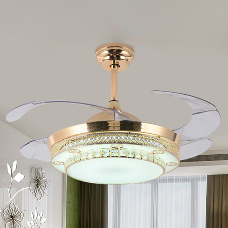 Gold Round LED Ceiling Fan Light Minimal Wall Control/Remote Control/Frequency Convertible Crystal Semi Mount Lamp in White/Color-Changing Light