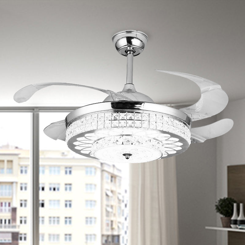 Silver/Gold 2-Tier LED Downrod Ceiling Fan Modernist 4-Blade Faceted Crystal Hanging Lamp with Wall Control/Remote Control/Frequency Conversion