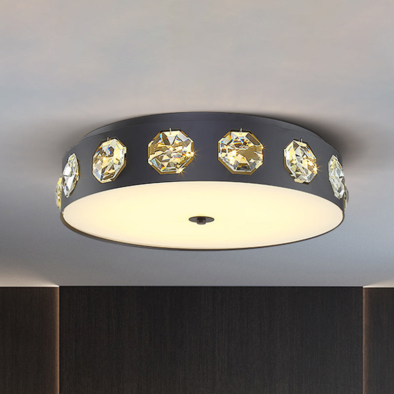 Minimalist Drum Shape Flush Light Beveled Crystal LED Living Room Ceiling Lighting in Grey, 18"/21.5" Dia