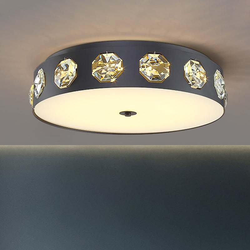 Plafonnier LED en forme de tambour minimaliste, éclairage de plafond de salon à LED en cristal biseauté, gris, 18/21,5 pouces de diamètre