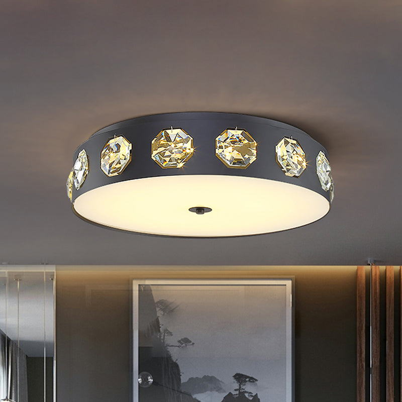 Plafonnier LED en forme de tambour minimaliste, éclairage de plafond de salon à LED en cristal biseauté, gris, 18/21,5 pouces de diamètre