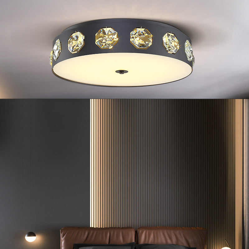 Plafonnier LED en forme de tambour minimaliste, éclairage de plafond de salon à LED en cristal biseauté, gris, 18/21,5 pouces de diamètre