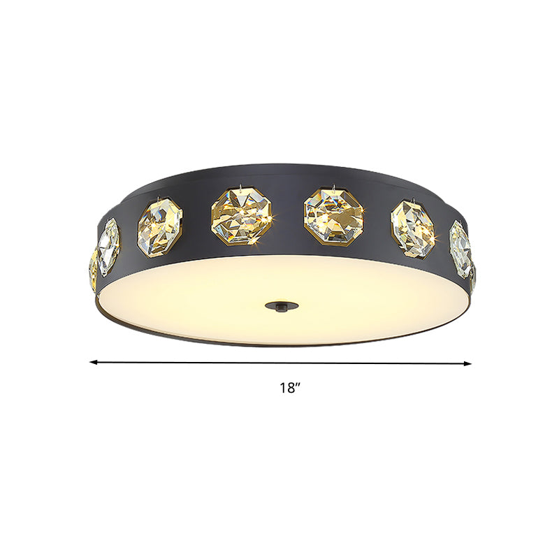 Minimalist Drum Shape Flush Light Beveled Crystal LED Living Room Ceiling Lighting in Grey, 18"/21.5" Dia