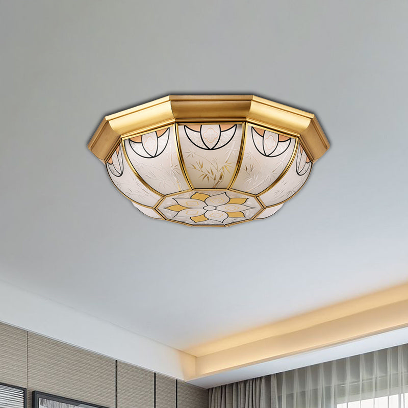 4 Lights Bowl Flush Mount Lighting Colonial Brass Frosted Glass Ceiling Light Fixture for Dining Room