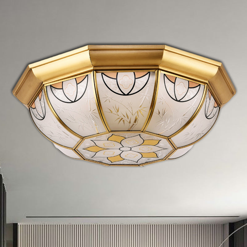 4 Lights Bowl Flush Mount Lighting Colonial Brass Frosted Glass Ceiling Light Fixture for Dining Room