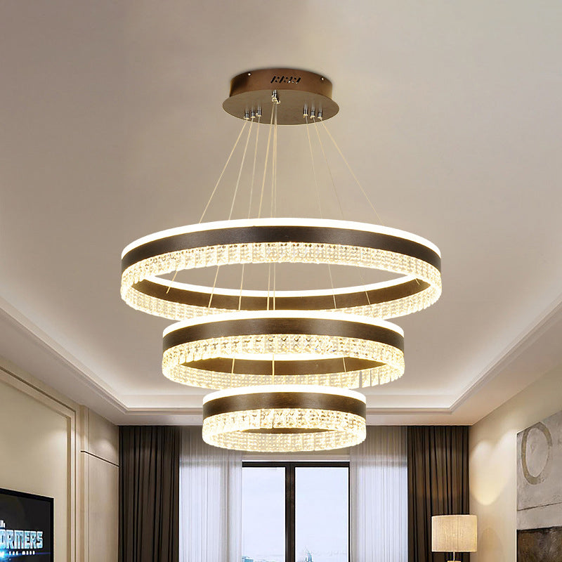 Black 3 Tiers Pendant Lighting Contemporary Crystal Block LED Ceiling Chandelier in Warm/White/3 Color Light