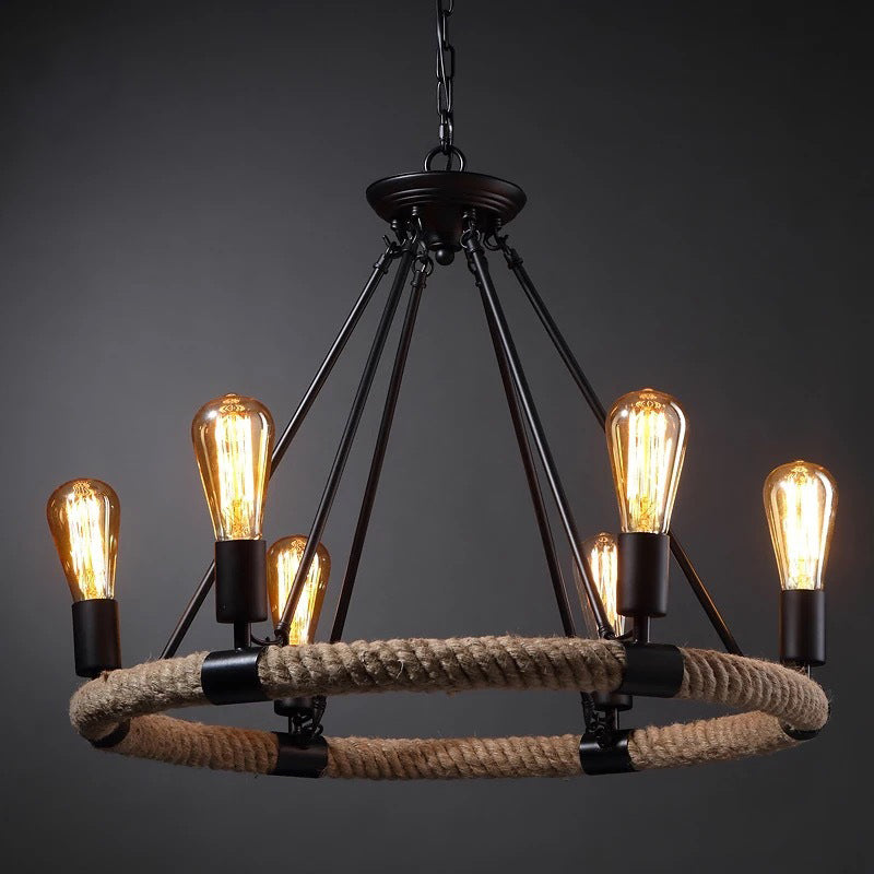 Vintage Industrial Style Round Chandelier Hemp Rope Open Bulb Design Restaurants Suspension Lighting Fixture