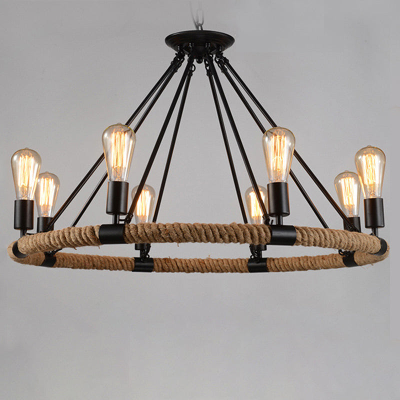 Vintage Industrial Style Round Chandelier Hemp Rope Open Bulb Design Restaurants Suspension Lighting Fixture