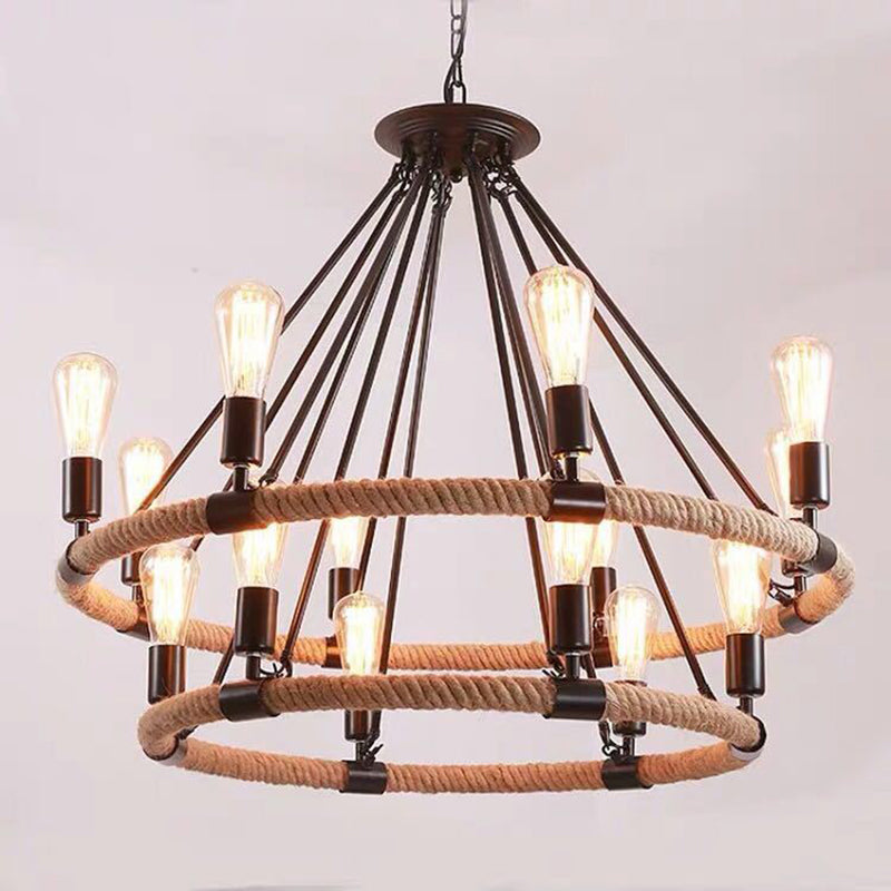 Vintage Industrial Style Round Chandelier Hemp Rope Open Bulb Design Restaurants Suspension Lighting Fixture