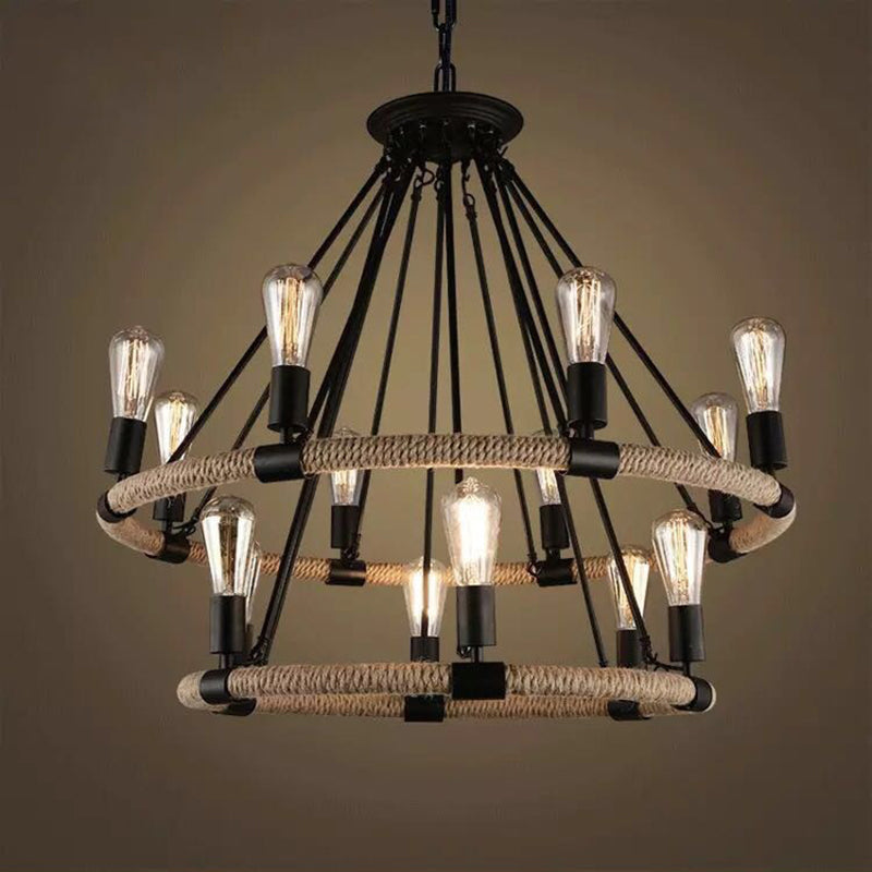 Vintage Industrial Style Round Chandelier Hemp Rope Open Bulb Design Restaurants Suspension Lighting Fixture