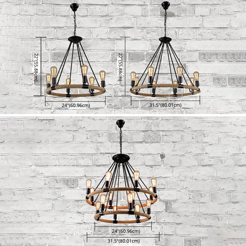 Vintage Industrial Style Round Chandelier Hemp Rope Open Bulb Design Restaurants Suspension Lighting Fixture