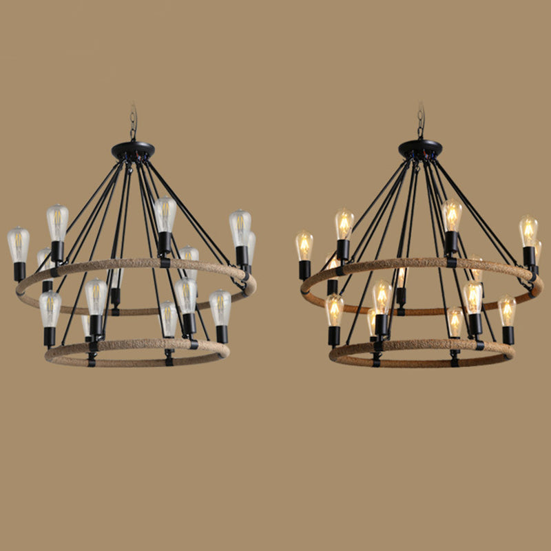 Vintage Industrial Style Round Chandelier Hemp Rope Open Bulb Design Restaurants Suspension Lighting Fixture