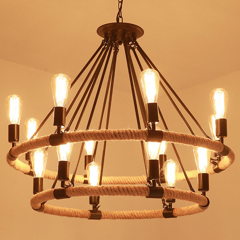 Vintage Industrial Style Round Chandelier Hemp Rope Open Bulb Design Restaurants Suspension Lighting Fixture