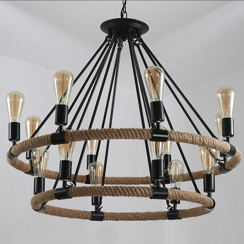 Vintage Industrial Style Round Chandelier Hemp Rope Open Bulb Design Restaurants Suspension Lighting Fixture