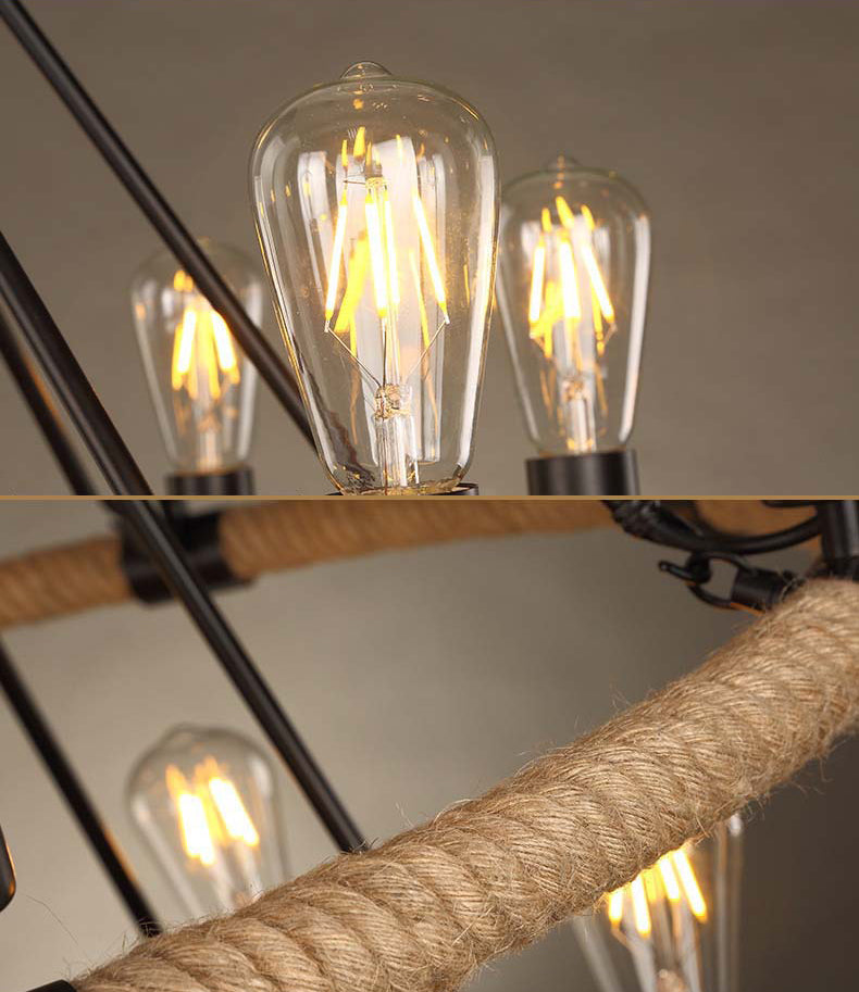 Vintage Industrial Style Round Chandelier Hemp Rope Open Bulb Design Restaurants Suspension Lighting Fixture