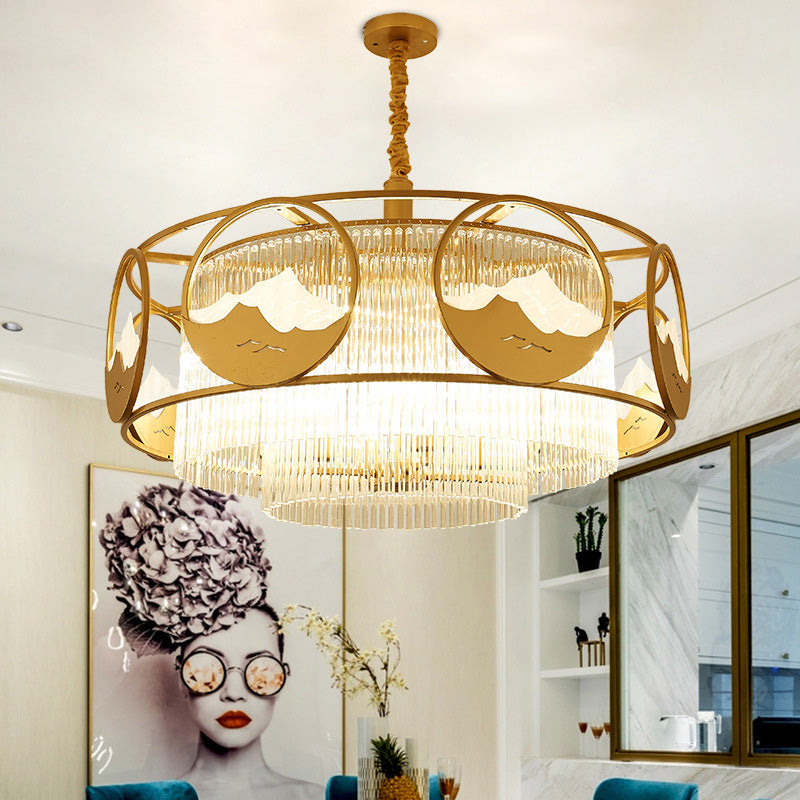 Postmodern 8 Lights Ceiling Pendant Gold Square/Round Chandelier Lamp with Crystal Rod Shade