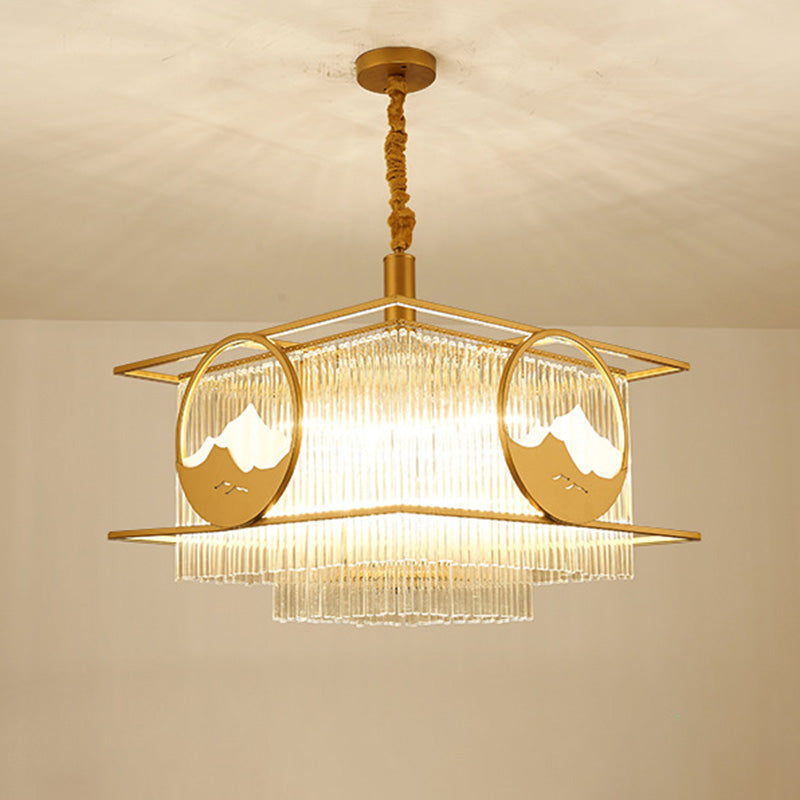 Postmodern 8 Lights Ceiling Pendant Gold Square/Round Chandelier Lamp with Crystal Rod Shade