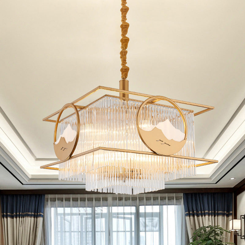 Postmodern 8 Lights Ceiling Pendant Gold Square/Round Chandelier Lamp with Crystal Rod Shade