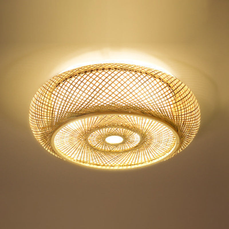 Curved Drum Flush Mount Ceiling Light 3 Lights Rattan Japanese Flush Mount Ceiling Light for Living Room