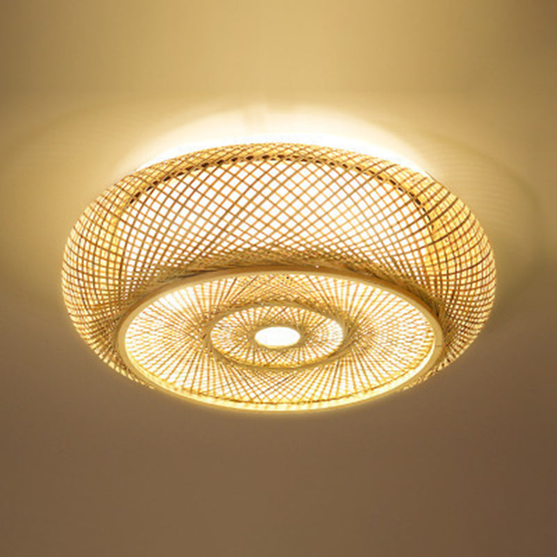 Curved Drum Flush Mount Ceiling Light 3 Lights Rattan Japanese Flush Mount Ceiling Light for Living Room