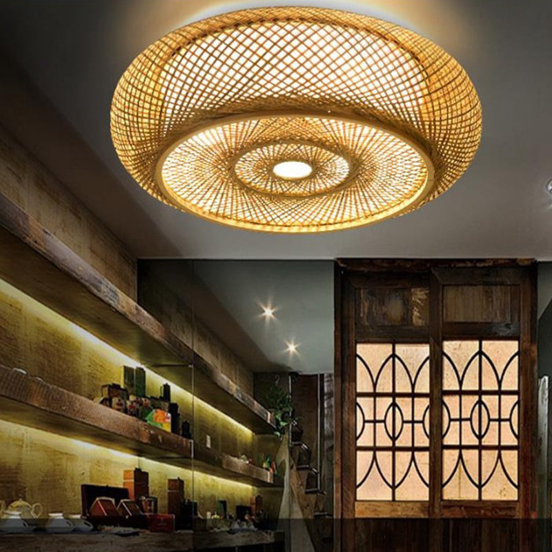 Curved Drum Flush Mount Ceiling Light 3 Lights Rattan Japanese Flush Mount Ceiling Light for Living Room