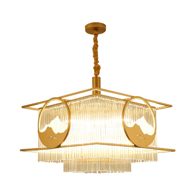 Postmodern 8 Lights Ceiling Pendant Gold Square/Round Chandelier Lamp with Crystal Rod Shade