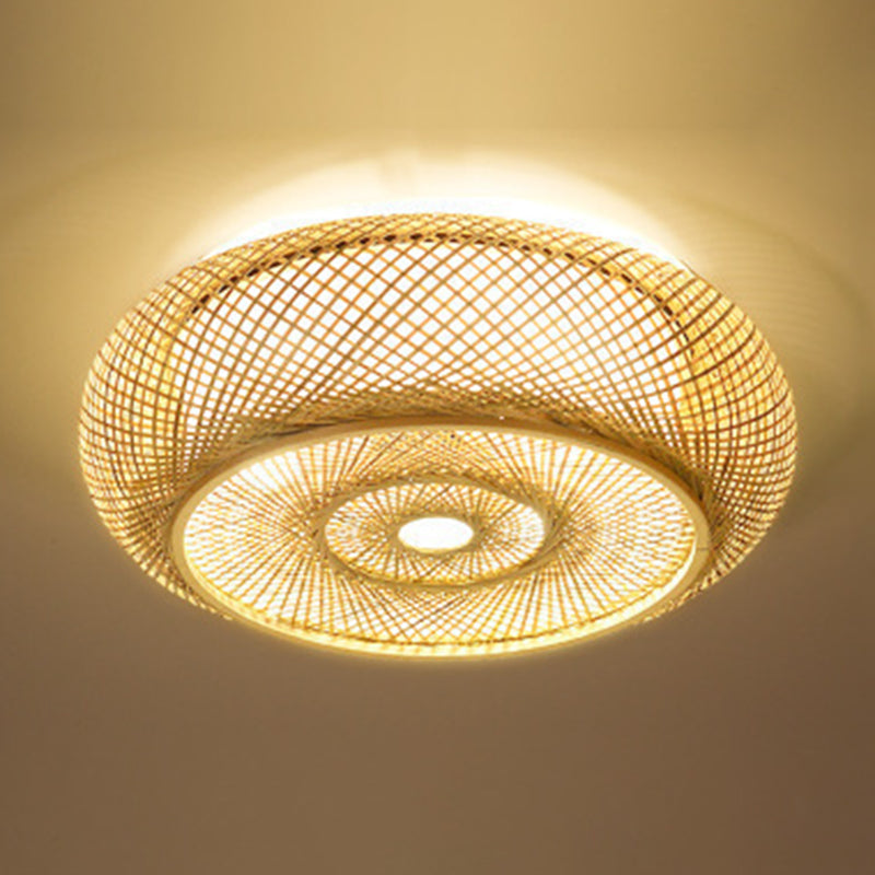 Curved Drum Flush Mount Ceiling Light 3 Lights Rattan Japanese Flush Mount Ceiling Light for Living Room