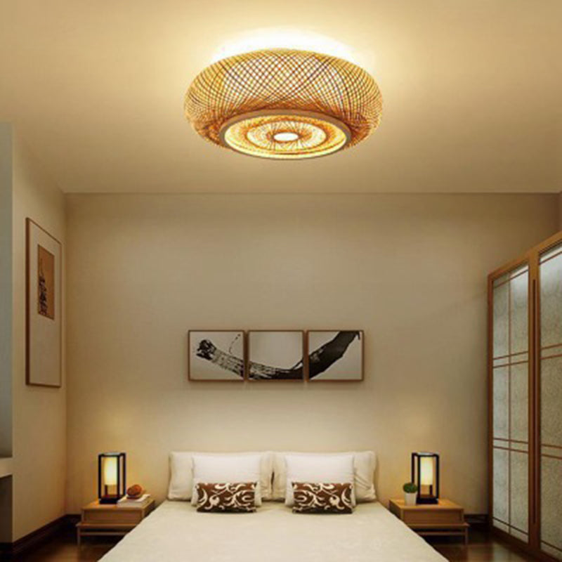 Curved Drum Flush Mount Ceiling Light 3 Lights Rattan Japanese Flush Mount Ceiling Light for Living Room