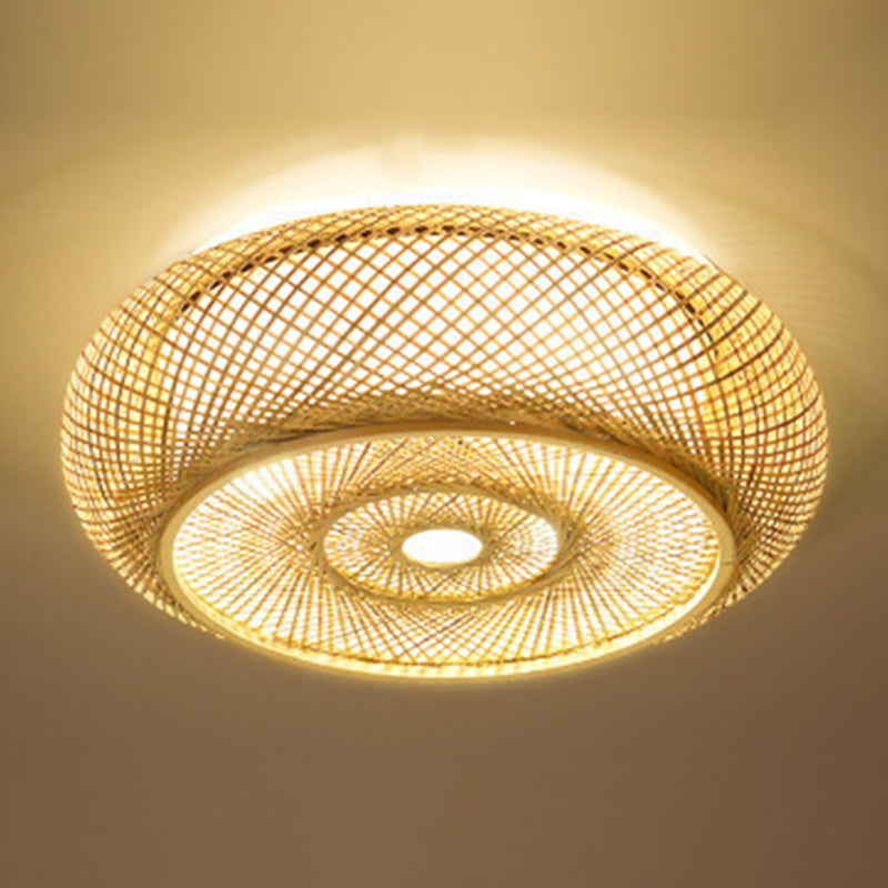 Curved Drum Flush Mount Ceiling Light 3 Lights Rattan Japanese Flush Mount Ceiling Light for Living Room