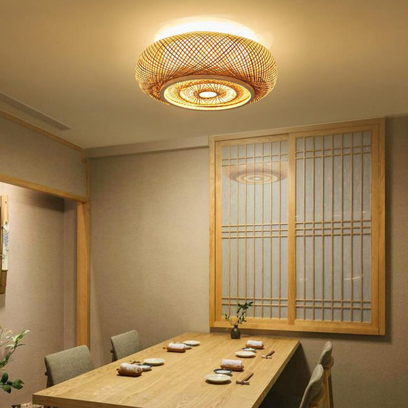 Curved Drum Flush Mount Ceiling Light 3 Lights Rattan Japanese Flush Mount Ceiling Light for Living Room