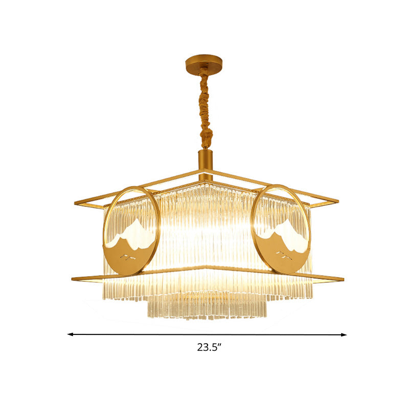 Postmodern 8 Lights Ceiling Pendant Gold Square/Round Chandelier Lamp with Crystal Rod Shade