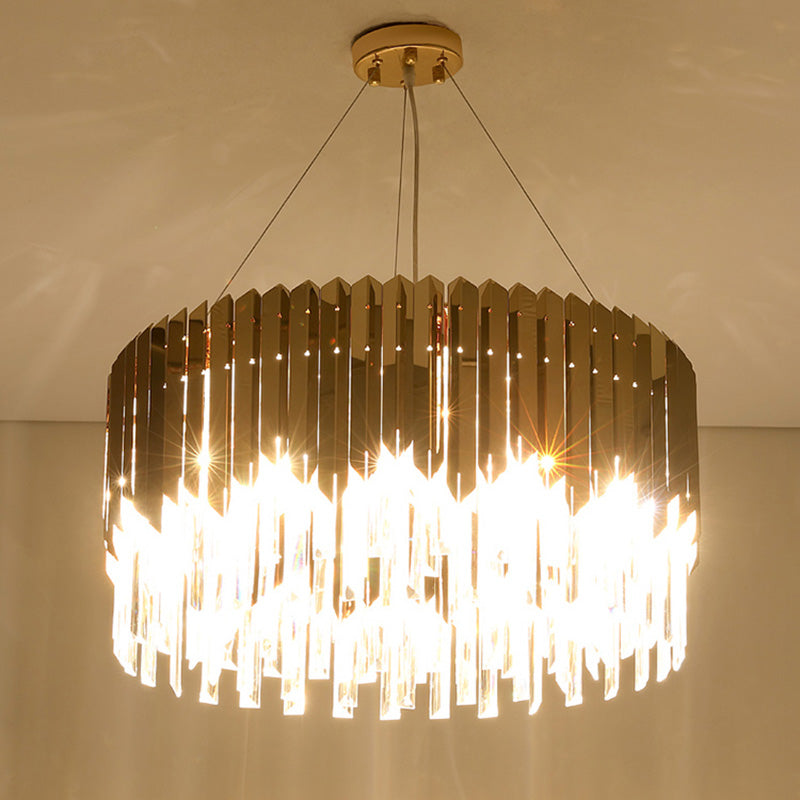 Tri-Sided Crystal Rod Drum Hanging Light Postmodern 6 Heads Gold Chandelier Pendant Light