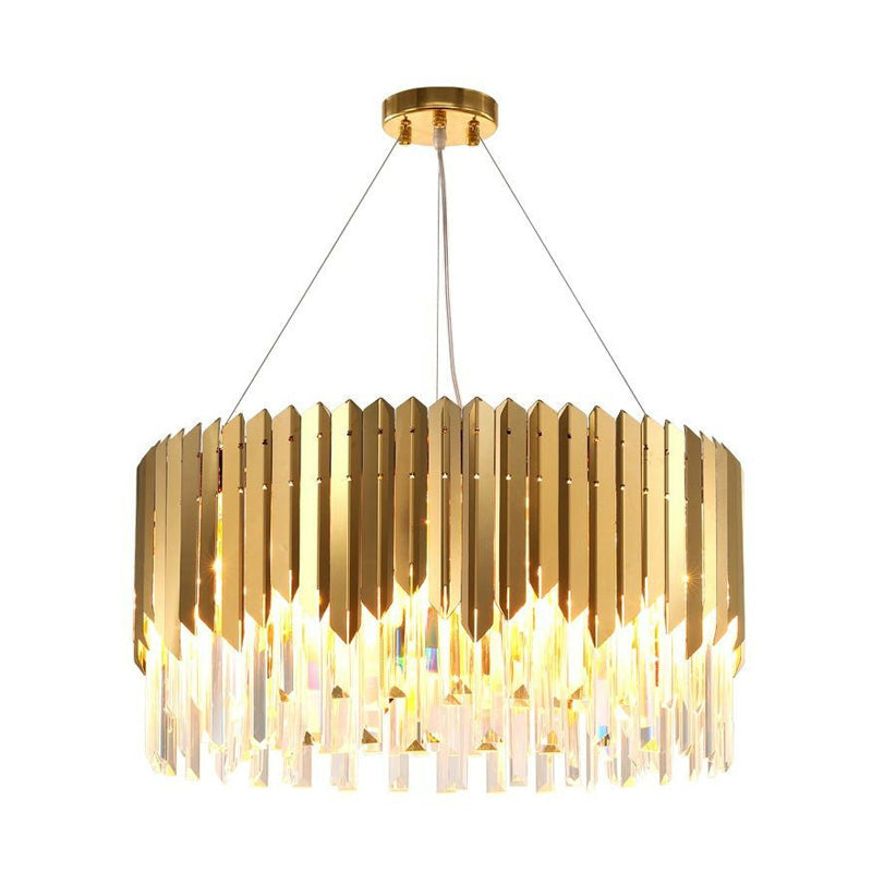 Tri-Sided Crystal Rod Drum Hanging Light Postmodern 6 Heads Gold Chandelier Pendant Light