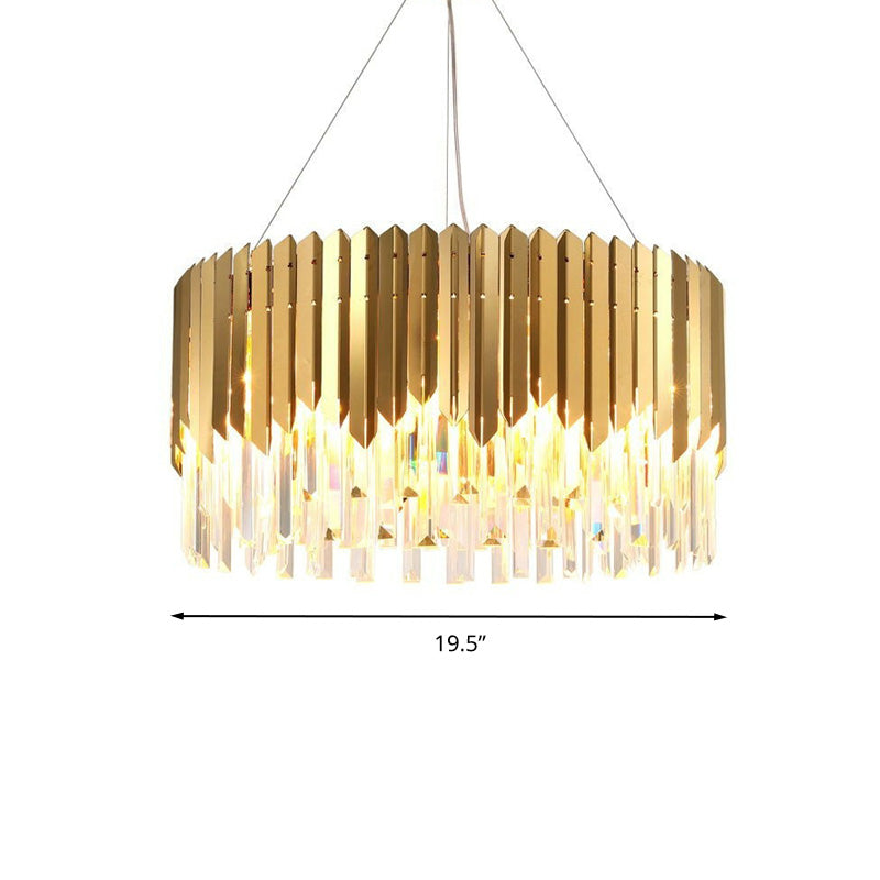 Tri-Sided Crystal Rod Drum Hanging Light Postmodern 6 Heads Gold Chandelier Pendant Light