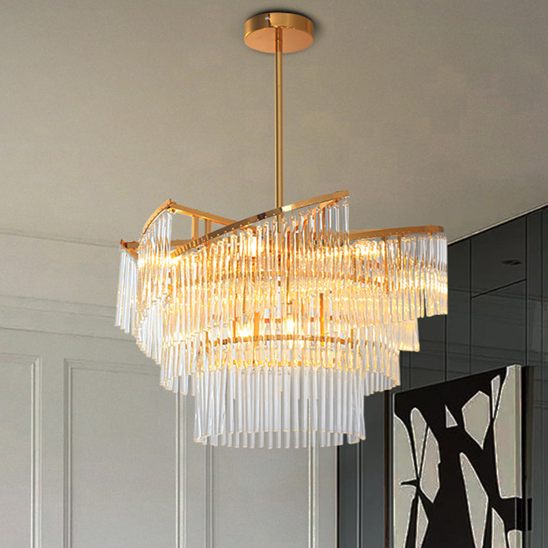 Spiral Pendant Chandelier Modern Crystal Rod 9 Heads Gold Hanging Light Fixture for Living Room