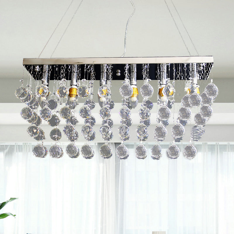 Rectangle Dining Room Chandelier Lamp Crystal Ball 6/9 Heads Simple Style Hanging Lamp in Nickel