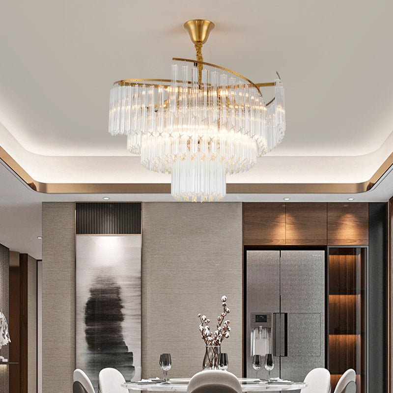 8-Bulb Living Room Chandelier Lighting Gold LED Pendant Light Fixture with Tiered Crystal Rod Shade