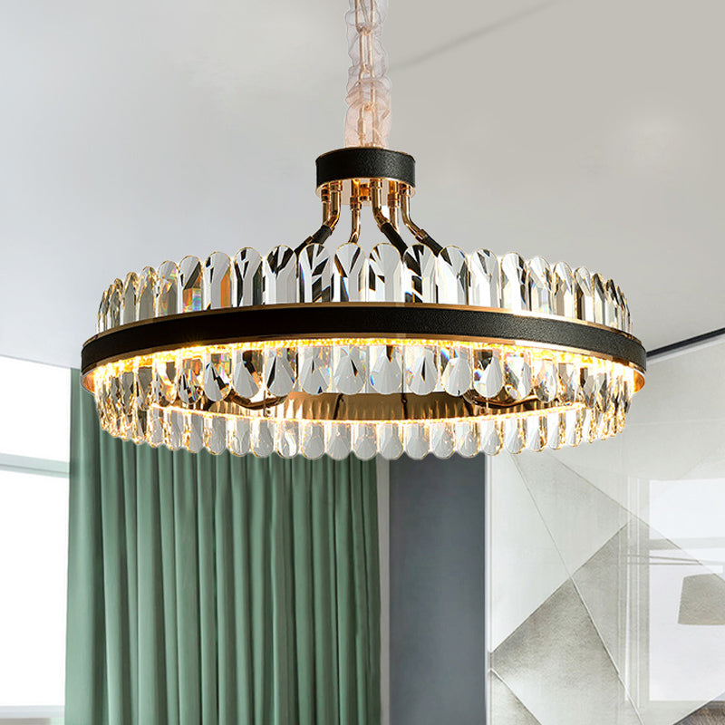 LED Living Room Chandelier Lighting Black Pendant Light Fixture with Round Beveled Crystal Shade